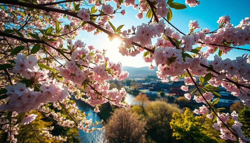 A breathtaking spring scene in Niigata Prefecture, Japan, where delicate cherry blossoms in soft hues of pink and white gently sway in the warm breeze. The lush, verdant foliage frames the picturesque landscape, creating a serene and tranquil atmosphere. Sunlight filters through the canopy, casting a warm, golden glow over the serene riverbanks and traditional Japanese architecture in the distance. The scene is captured with a wide-angle lens, allowing the viewer to fully immerse themselves in the beauty of this iconic Japanese landscape during the most beautiful time of year.