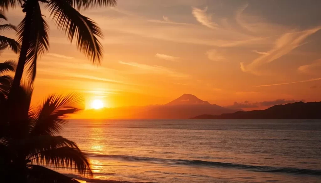A breathtaking sunset over the tranquil Tanjung Aru Beach in Kota Kinabalu, Malaysia. Warm golden rays dance across the gently lapping waves, casting a soft, ethereal glow over the scene. Wispy cirrus clouds paint the sky in hues of pink and orange, creating a serene and captivating atmosphere. In the foreground, silhouettes of swaying palm trees frame the serene coastal landscape, while in the distance, the majestic Mount Kinabalu rises, its peaks bathed in the fading light. The overall composition evokes a sense of peace, beauty, and the natural splendor that makes Tanjung Aru Beach a must-visit destination.