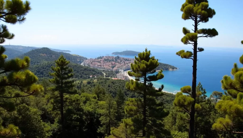 A breathtaking view of Heybeliada Island's natural beauty, captured on a clear, sunny day. In the foreground, lush green forests and rolling hills lead the eye towards the sparkling azure waters of the Marmara Sea. Towering pine trees sway gently in the soft breeze, casting delicate shadows on the gentle slopes. In the middle ground, the idyllic island's historic architecture and charming seaside promenade come into view, inviting the viewer to explore its tranquil streets. In the background, the dramatic silhouette of the Princes' Islands archipelago stretches across the horizon, creating a picturesque and serene landscape. Warm, natural lighting illuminates the scene, highlighting the island's vibrant colors and serene atmosphere.