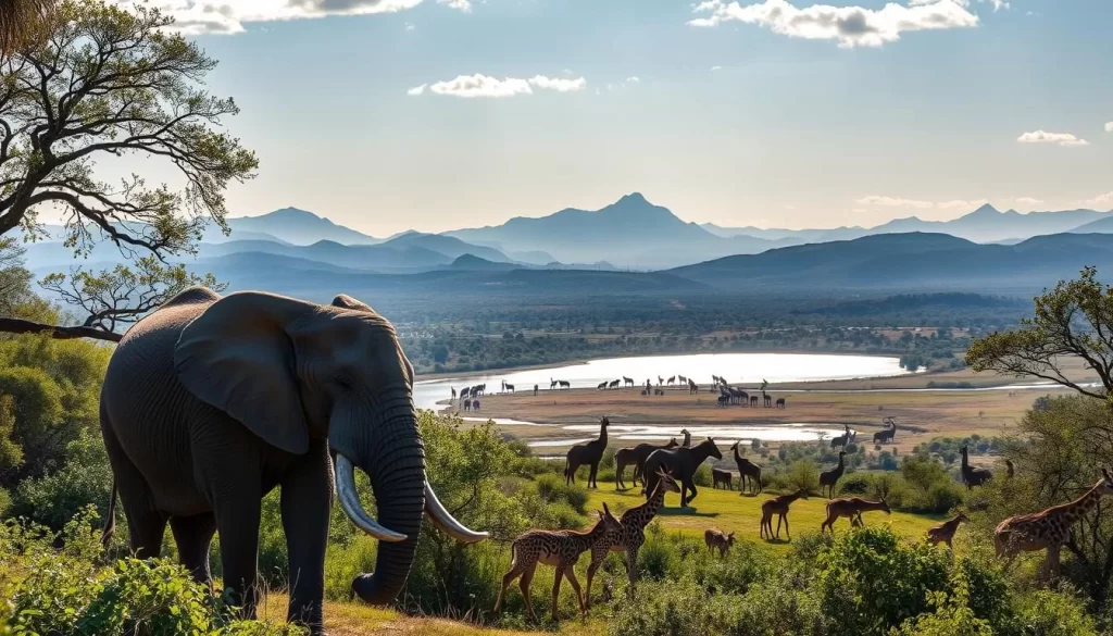 A breathtaking vista of Kruger National Park's lush wilderness, captured on a sun-dappled afternoon. In the foreground, a majestic African elephant strolls gracefully, its thick gray skin glistening. Surrounding it, a diverse array of wildlife - from nimble impala to stately giraffes - move with practiced ease through the verdant foliage. In the middle ground, a shimmering watering hole reflects the azure sky, while in the distance, the rugged silhouettes of hills and mountains rise, creating a captivating backdrop. The scene is suffused with a warm, golden light, evoking a sense of tranquility and the boundless beauty of Kruger's untamed natural splendor.