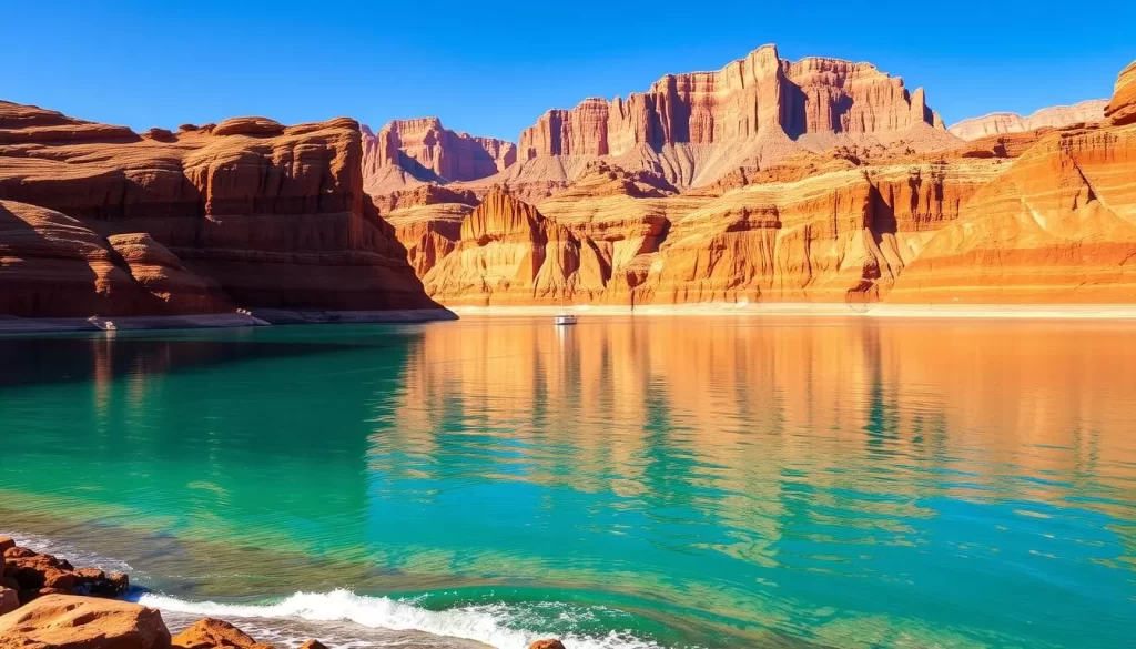 A breathtaking vista of Lake Powell, Utah, nestled among towering red sandstone cliffs. The clear, turquoise waters of the lake reflect the vibrant hues of the surrounding landscape, creating a serene and picturesque scene. In the foreground, a gentle wave laps against the rocky shore, while in the middle ground, a small boat glides across the tranquil surface. The background is dominated by the majestic, rugged mountains, their jagged peaks bathed in the warm golden light of the sun. The overall mood is one of tranquility and natural beauty, inviting the viewer to immerse themselves in the wonders of this stunning desert oasis.