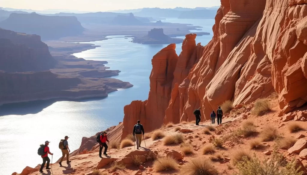 A breathtaking vista of Lake Powell, Utah, showcasing the diverse activities beyond the water's edge. In the foreground, hikers navigate rugged sandstone trails, their silhouettes casting long shadows as the sun casts a warm, golden glow. In the middle ground, rock climbers scale towering crimson cliffs, their movements graceful and precise. The distant backdrop reveals a sprawling landscape of shimmering turquoise waters, punctuated by towering mesas and buttes, creating a picturesque scene that evokes a sense of adventure and natural wonder.
