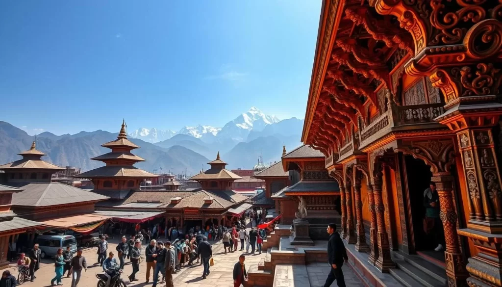 A breathtaking vista of Nepal's cultural heritage unfolds before the viewer. In the foreground, a vibrant tapestry of intricate wooden carvings adorns the ornate facade of an ancient temple, its intricate details illuminated by warm, golden sunlight. In the middle ground, a bustling marketplace teems with colorfully dressed locals buying and selling their wares, the air alive with the sounds of haggling and laughter. Beyond, the iconic Himalayan peaks rise majestically, their snow-capped summits piercing the clear, azure sky. The scene evokes a timeless sense of tradition and community, inviting the observer to step into the heart of Nepal's living, breathing cultural heritage.