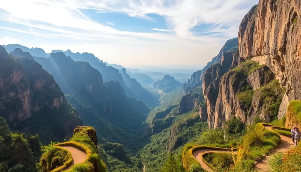 A breathtaking vista of Pai Canyon in northern Thailand, with its dramatic limestone cliffs carved by centuries of erosion. Sunlight filters through wispy clouds, casting warm hues over the rugged landscape. In the foreground, a winding trail leads visitors through the canyon, offering stunning views of the layered rock formations. The middle ground features lush vegetation, including verdant forests and vibrant wildflowers. In the distance, the canyon stretches out, its undulating ridges and valleys creating a sense of timeless tranquility. The overall mood is one of awe and wonder, inviting the viewer to explore this natural wonder in all its glory.