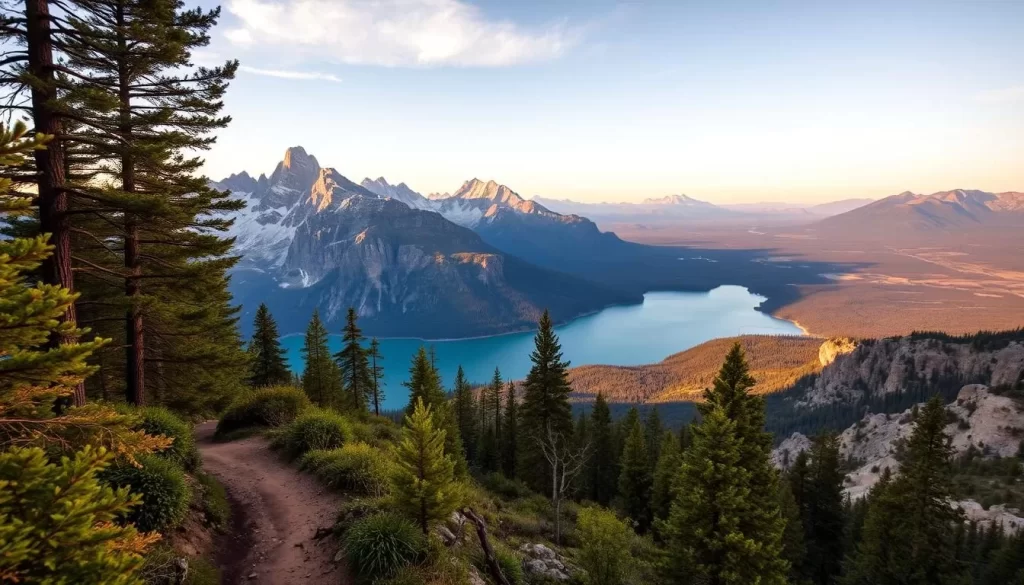 A breathtaking vista of a majestic national park, showcasing the natural splendor of the United States. In the foreground, a winding hiking trail leads through a lush, verdant forest, with sunlight filtering through the canopy of towering trees. In the middle ground, a crystal-clear lake reflects the towering peaks of rugged mountains, their snow-capped summits reaching towards the heavens. In the background, a panoramic landscape of rolling hills and ancient rock formations, bathed in the warm glow of a golden hour sunset. Capture the tranquility and adventure of this idyllic solo traveler's paradise, with a sense of scale and grandeur that inspires awe and wonder.