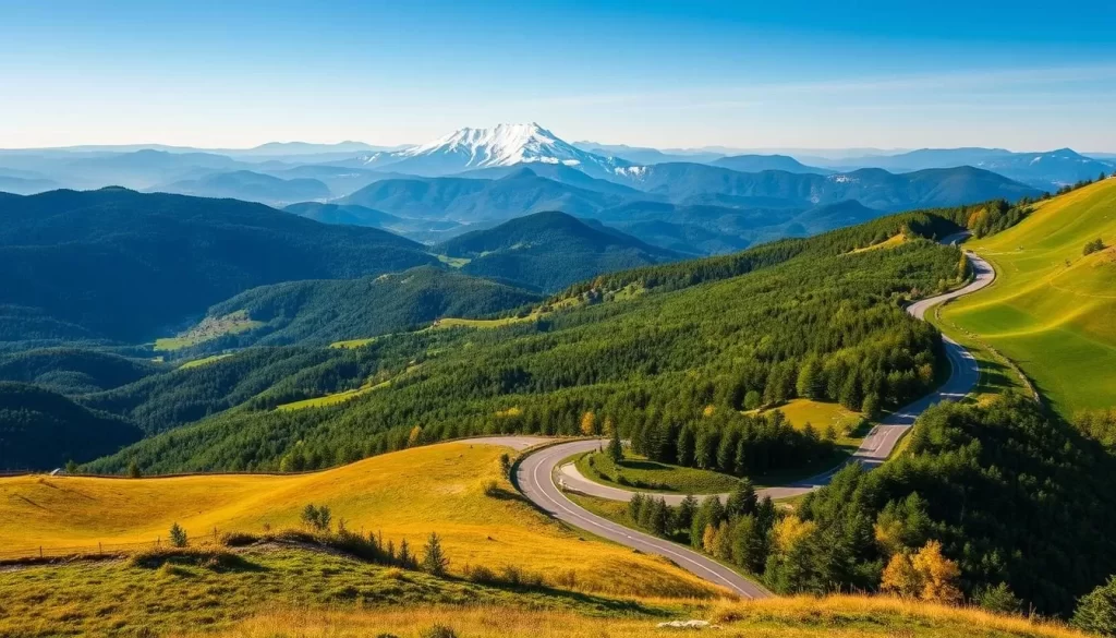 A breathtaking vista of the Allegheny Mountains unfolds before the viewer, with the winding Highland Scenic Highway cutting through the lush, verdant landscape. In the foreground, picturesque meadows and rolling hills are bathed in the warm glow of the afternoon sun, while in the middle ground, majestic peaks of Snowshoe Mountain Resort rise majestically, their snow-capped summits glittering like jewels. The background is framed by a panoramic vista of rugged, forested ridges stretching out to the distant horizon, creating a sense of depth and grandeur. The overall scene is characterized by a serene, tranquil atmosphere, inviting the viewer to immerse themselves in the natural beauty of this stunning West Virginia destination.