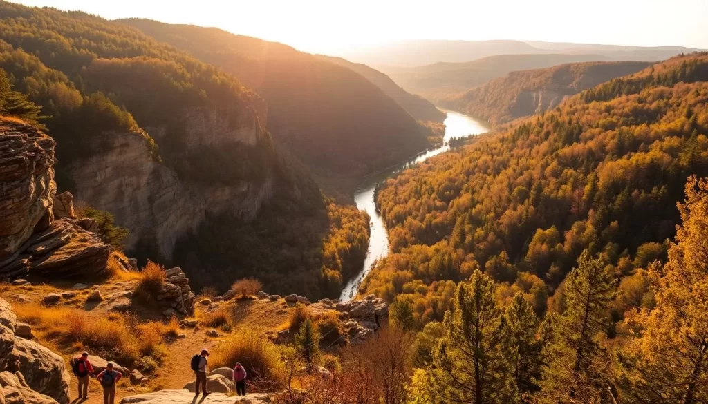 A breathtaking vista of the Delaware Water Gap, with rugged cliffs and lush forests lining the winding river. Hikers explore meandering trails, taking in the serene beauty of cascading waterfalls and sun-dappled meadows. A pristine, tranquil lake reflects the surrounding landscape, inviting kayakers to paddle its mirror-like surface. Warm, golden light filters through the trees, casting a peaceful glow over the entire scene. Capture the essence of adventure and natural wonder in this captivating landscape.