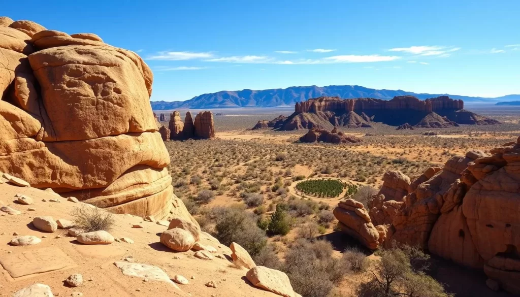 A breathtaking vista of the Petroglyph National Monument in Albuquerque, New Mexico. In the foreground, ancient rock carvings and petroglyphs adorn the desert landscape, a testament to the rich cultural heritage of the region. The middle ground showcases the rugged, sun-dappled sandstone cliffs, their jagged silhouettes against a brilliantly blue sky. In the distance, the Sandia Mountains rise majestically, their peaks bathed in warm, golden light. Capture the essence of this sacred site, where the past and present converge in a stunning natural tableau, perfect for an informative visitor's guide.