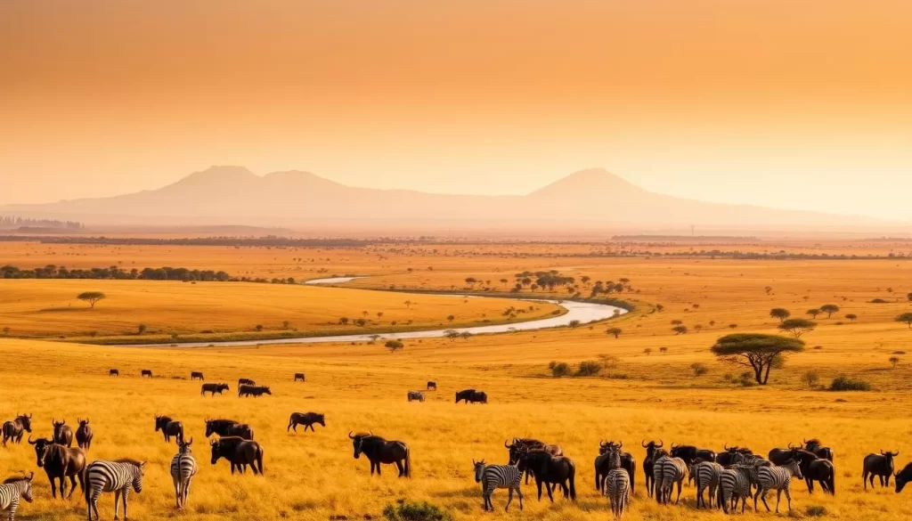 A breathtaking vista of the Serengeti National Park, Tanzania. In the foreground, a herd of wildebeests and zebras graze peacefully against a backdrop of rolling golden savannas. In the middle ground, a winding river meanders through the landscape, its banks dotted with acacia trees. In the distance, the iconic silhouettes of Mount Kilimanjaro and Mount Meru rise majestically, bathed in warm, golden sunlight. The scene is filled with a sense of timeless tranquility, capturing the essence of this remarkable African wilderness. Shot with a wide-angle lens to showcase the expansive, breathtaking scale of the Serengeti.