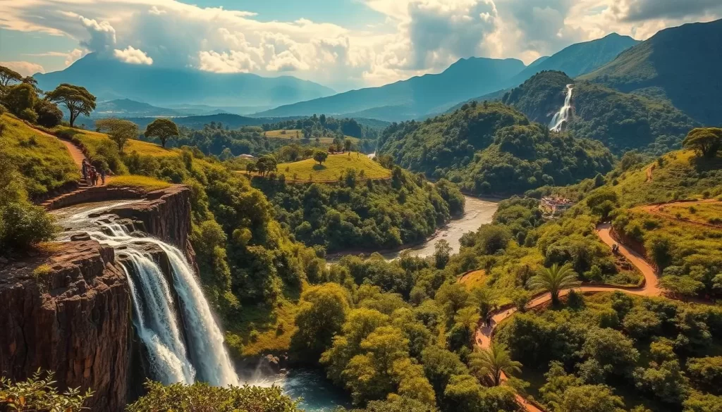 A breathtaking vista of the lush, verdant landscapes of Kpalimé, Togo. In the foreground, a picturesque waterfall cascades over rugged cliffs, its crystal-clear waters sparkling in the warm, golden sunlight. Hiking trails wind through the dense, vibrant foliage, inviting visitors to explore the region's natural wonders. In the middle ground, locals and tourists alike engage in a variety of outdoor activities, from kayaking on the serene rivers to hiking up picturesque hillsides. The background is dominated by towering, majestic mountains, their peaks shrouded in wispy clouds, creating a sense of tranquility and adventure. The overall scene is bathed in a warm, inviting glow, capturing the essence of Kpalimé's natural beauty and the myriad of outdoor pursuits available to those who visit.