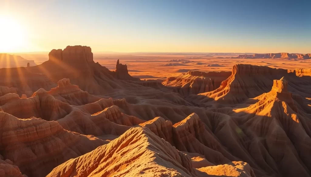 A breathtaking wide-angle view of the iconic entryways to Badlands National Park, South Dakota. The sun casts a warm, golden glow over the dramatic landscape, illuminating the rugged, eroded rock formations that stretch out in the foreground. Towering sandstone spires and buttes rise majestically in the middle ground, their jagged silhouettes casting long shadows across the rolling hills. In the distance, the panoramic vista opens up to reveal the vast, open expanse of the park, where the badlands undulate in shades of ochre, amber, and russet. The overall scene conveys a sense of grandeur, mystery, and the timeless power of nature.