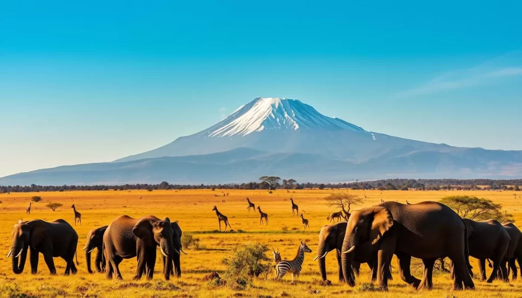 A breathtaking wildlife viewing scene at Mkomazi National Park, Tanzania. In the foreground, a herd of majestic elephants grazes peacefully, their trunks swaying as they forage. Giraffes and zebras dot the lush, rolling savanna in the middle ground, while in the background, the iconic Mount Kilimanjaro rises majestically, its snow-capped peak piercing the azure sky. The warm, golden light of a perfect day bathes the landscape, creating a serene and inviting atmosphere. Captured through the lens of a high-quality DSLR camera, this image showcases the breathtaking natural beauty and abundant wildlife that make Mkomazi a must-visit destination.