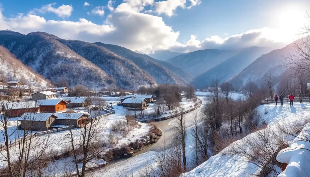 A breathtaking winter landscape in South Chungcheong Province, South Korea. A tranquil village nestled between snow-capped mountains, its rooftops dusted with a delicate layer of pristine white. Sunlight filters through the clouds, casting a warm glow over the frozen river winding through the valley. Bare trees stand tall, their branches reaching towards the sky. In the distance, a group of hikers trekking through the pristine wilderness, their vibrant outdoor gear a striking contrast against the serene backdrop. The air is crisp and invigorating, inviting visitors to embrace the beauty of winter in this picturesque region.