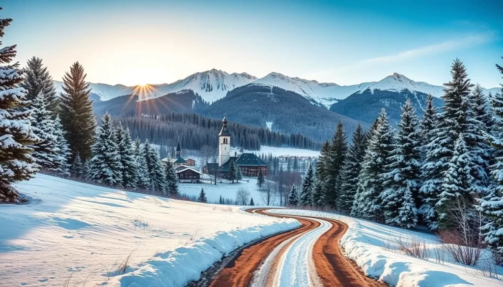 A breathtaking winter landscape in Zakopane, the "Winter Capital of Poland." Majestic, snow-capped Tatra Mountains rise in the background, their peaks piercing the crisp, azure sky. In the middle ground, a quaint village nestled among pine forests, its traditional wooden chalets and church steeples blanketed in pristine white snow. In the foreground, a winding path leads through a serene, snow-covered forest, inviting the viewer to explore the natural splendor of this picturesque region. Warm, golden sunlight filters through the trees, casting a cozy, inviting glow over the scene. This idyllic, postcard-worthy landscape captures the essence of Zakopane's enchanting winter charm.