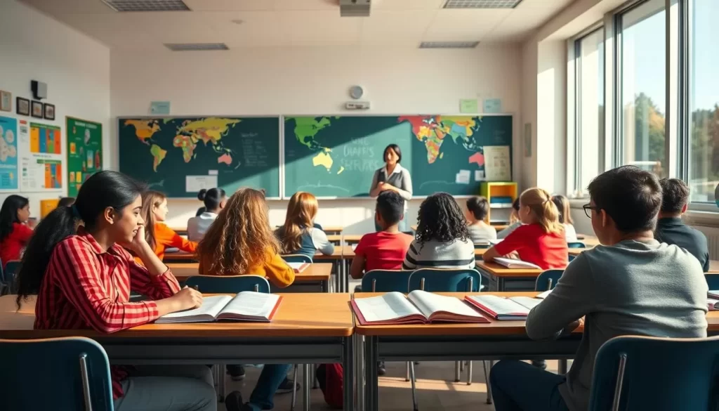 A bright, airy classroom with large windows allowing natural light to stream in. In the foreground, several students of diverse backgrounds sit at their desks, engaged in animated discussions, their textbooks and notebooks open before them. In the middle ground, a teacher stands at the chalkboard, guiding the class through a lesson. The walls are adorned with colorful educational posters and maps, conveying the multicultural nature of the curriculum. The atmosphere is one of collaborative learning, with the students and teacher working together to explore the nuances of language and its role in shaping their educational journey. Warm, soft lighting illuminates the scene, creating a welcoming and intellectually stimulating environment.