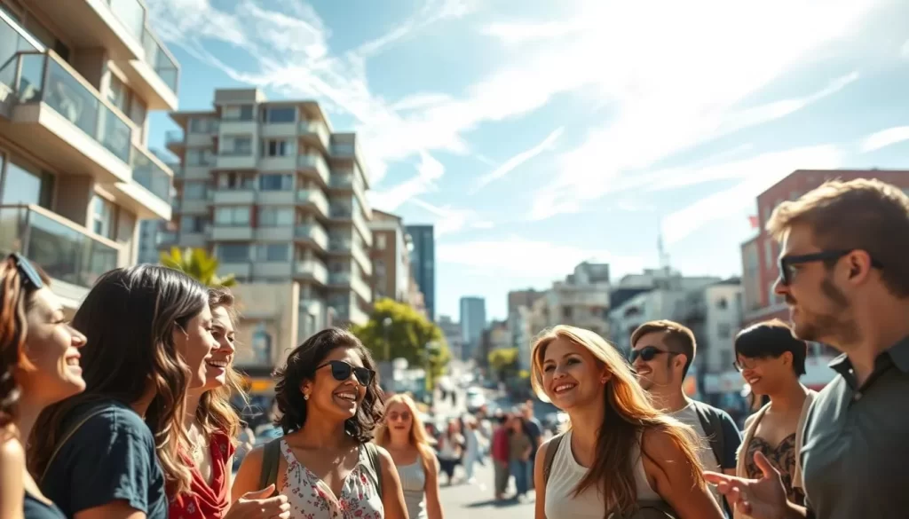 A bright and sunny day in a modern urban setting. In the foreground, a diverse group of people engaged in conversation, representing a multicultural community. Their expressions and body language convey a sense of ease and confidence, reflecting their proficiency in English. In the middle ground, a bustling city street with a mix of residential and commercial buildings, suggesting a thriving, multilingual environment. The background features a clear, blue sky with wispy clouds, creating a sense of openness and possibility. The lighting is soft and natural, enhancing the warm, welcoming atmosphere. Overall, the image should convey the idea of a vibrant, inclusive community where English proficiency among non-native speakers is the norm.
