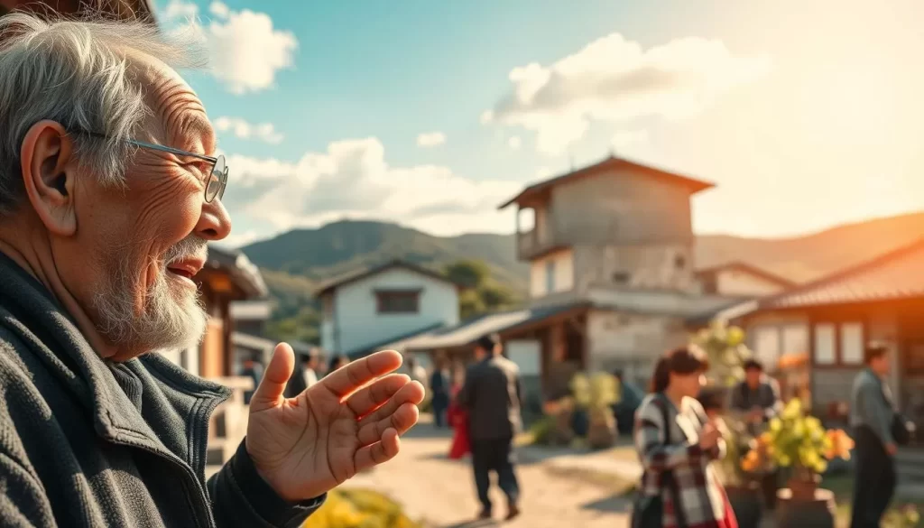 A bright and sunny day in a traditional Korean village, with buildings featuring the distinct architectural style of the Gyeongsang region. In the foreground, a close-up shot of an elderly local engaged in animated conversation, their weathered face and expressive gestures capturing the unique cadence and intonation of the Gyeongsang dialect. The middle ground showcases locals going about their daily activities, their speech patterns and mannerisms reflecting the regional linguistic nuances. In the background, a serene landscape of rolling hills and lush greenery, providing a calming natural backdrop to the scene. The image is rendered with a warm, golden-hued lighting, creating a sense of timelessness and cultural authenticity.