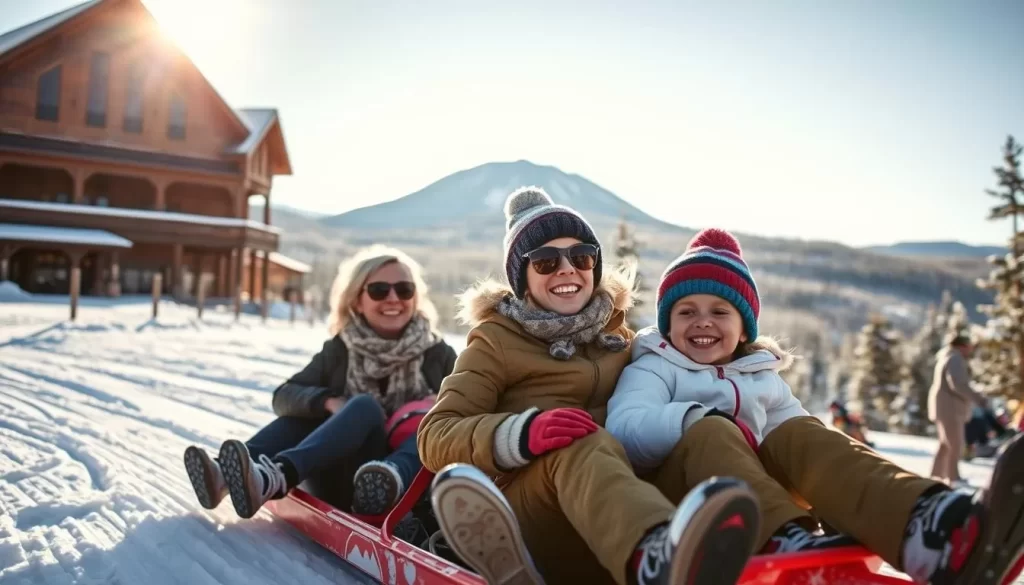 A bright, sun-dappled day at Cranmore Mountain Resort, New Hampshire. In the foreground, a family of four - parents and two young children - enjoying an exhilarating sled ride down a snowy slope, laughter and excitement etched on their faces. The middle ground reveals a picturesque ski lodge, its rustic architecture and inviting warmth beckoning visitors. In the background, the majestic Cranmore Mountain rises, its snow-capped peaks and pine-dotted flanks creating a stunning natural backdrop. The scene is bathed in soft, golden light, capturing the joy and adventurous spirit of a family-friendly day on the mountain.