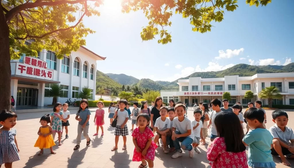 A bright, sun-dappled schoolyard in Pingtung County, Taiwan. In the foreground, a group of diverse students, from young children to teens, engaged in lively language lessons. The middle ground showcases an elegant, modern school building with Mandarin and Taiwanese signage. In the background, rolling green hills and a clear blue sky, creating a serene, picturesque setting. Soft, warm lighting illuminates the scene, capturing the joy and dynamism of language education in this vibrant region.