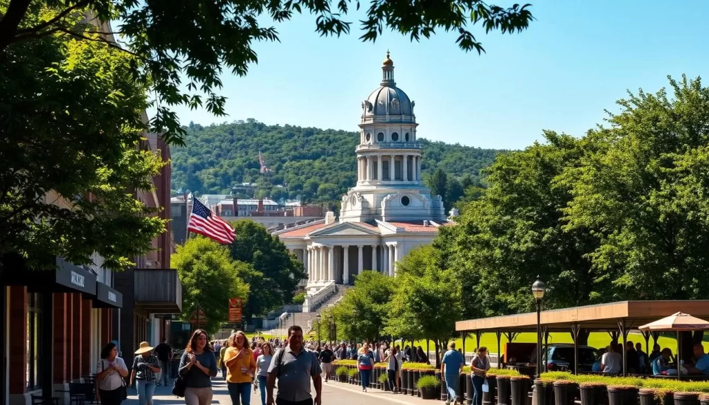A bright, sun-dappled view of Providence's historic cityscape, showcasing the city's distinct architecture and lush greenery. In the foreground, pedestrians stroll along a bustling sidewalk, enjoying the pleasant weather. The middle ground features the iconic Rhode Island State House, its grand dome shimmering in the sunlight. In the background, the rolling hills and trees of Roger Williams Park provide a serene natural backdrop. The overall atmosphere conveys the vibrant, welcoming spirit of Providence, an ideal time to explore the city's charming streets, museums, and cultural attractions.
