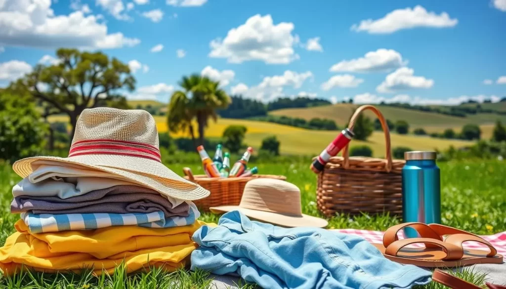 A bright, sunny summer day in a lush, verdant setting. In the foreground, neatly folded piles of clothing and accessories - lightweight fabrics, breathable shirts, sun hats, and comfortable sandals. In the middle ground, a picnic basket and a thermos, suggesting refreshing drinks and snacks. The background features a scenic countryside landscape, with rolling hills, swaying trees, and a clear blue sky dotted with fluffy white clouds. The overall mood is one of relaxation, preparedness, and an appreciation for the warm, pleasant weather.