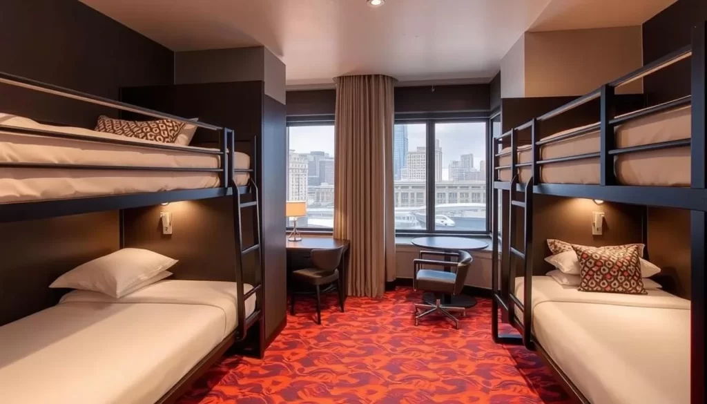 A bunk room at Found Hotel Chicago River North, highlighting its modern design and communal atmosphere.