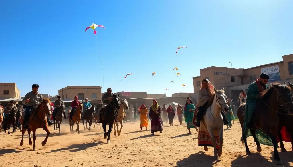 A bustling Afghan village square on a sunny afternoon, filled with the lively energy of traditional games and sports. In the foreground, a group of men engaged in a spirited game of buzkashi, the national sport, where riders on horseback compete to grab and carry a headless goat carcass. In the middle ground, women in vibrant, embroidered dresses play a lively version of hopscotch, their laughter echoing through the square. In the background, a group of children fly kites in the gentle breeze, the colorful fabrics dancing against the azure sky. Warm, diffused sunlight bathes the scene, casting a golden glow and creating a joyful, festive atmosphere.