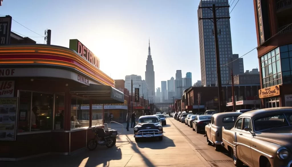 A bustling Detroit street scene, with a cozy diner in the foreground serving up classic Detroit-style Coney dogs and thick-crust pizza. The sun casts a warm, golden glow over the scene, casting long shadows across the pavement. In the middle ground, vintage cars line the curb, their chrome gleaming. In the background, the iconic skyline of Detroit rises, a mix of modern skyscrapers and historic buildings. The atmosphere is lively and inviting, capturing the essence of Detroit's culinary scene.