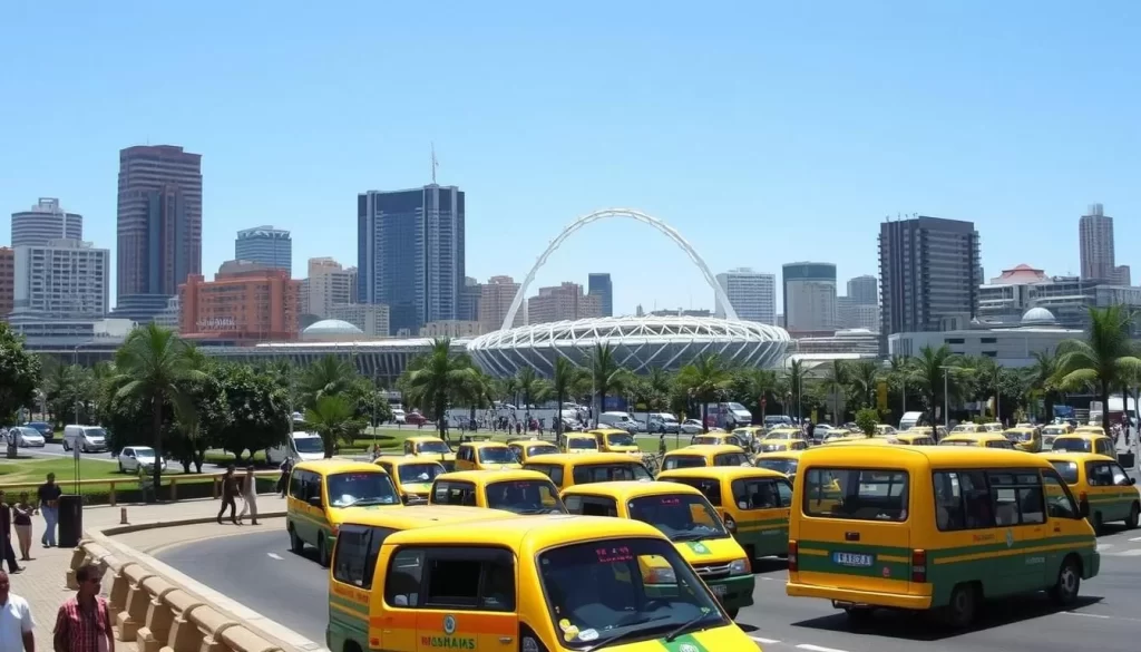 A bustling Durban cityscape, with vibrant yellow and green minibus taxis navigating the streets, carrying commuters to their destinations. In the foreground, pedestrians stroll along the sidewalks, enjoying the warm, sunny day. The middle ground features a mix of modern high-rises and historic colonial-style buildings, creating a visually interesting skyline. In the background, the iconic Moses Mabhida Stadium rises, its distinctive arch silhouetted against a clear blue sky. The scene exudes a lively, energetic atmosphere, capturing the essence of transportation and mobility in this vibrant South African city.