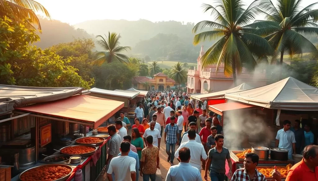 A bustling Goan food festival set against the backdrop of lush, verdant landscapes. In the foreground, vibrant stalls offer an array of tantalizing local delicacies - sizzling Xacuti curries, fragrant Vindaloo dishes, and mouthwatering Sorpotel. The middle ground showcases energetic crowds mingling amidst the aroma of spices and simmering pots. In the background, quaint Goan architecture and swaying palm trees create a warm, tropical ambiance. Warm sunlight filters through, casting a golden glow over the entire scene. The overall atmosphere captures the rich cultural heritage and culinary diversity of Goa, inviting visitors to indulge in the festival's flavors and festivities.