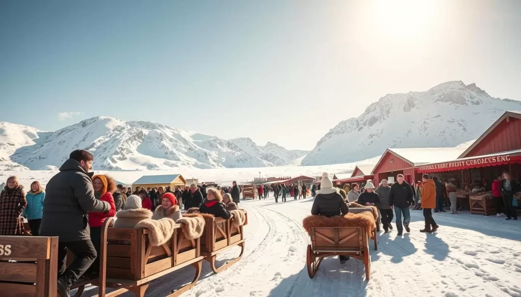 A bustling Greenlandic festival scene, with traditional sled-style transportation gliding across a snow-covered landscape. In the foreground, colorfully dressed revelers board and disembark from the wooden-framed, fur-lined vehicles, their laughter and chatter filling the crisp air. The middle ground features a lively marketplace, vendors offering handcrafted wares and local delicacies. In the background, rugged mountains rise, their peaks dusted with fresh snow, under a bright, azure sky. Warm, golden sunlight bathes the entire tableau, creating a sense of festive celebration and community. Capture this authentic, winter wonderland atmosphere with a cinematic, wide-angle lens.