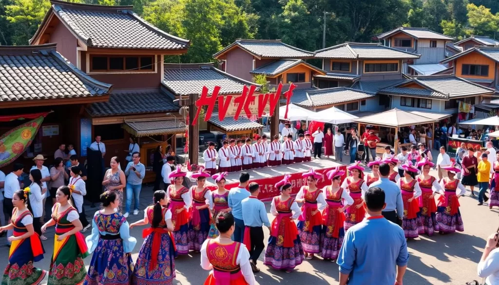A bustling Hakka Cultural Festival in Miaoli County, Taiwan. In the foreground, a colorful parade with traditional Hakka dancers adorned in vibrant costumes. Middle ground showcases a stage with performers playing Hakka folk music, surrounded by lively crowds. In the background, quaint Hakka architectural structures and vendors offering local delicacies and handicrafts. Warm sunlight filters through the scene, creating a welcoming, celebratory atmosphere. Capture the essence of Hakka heritage and the joyous spirit of this annual festival.