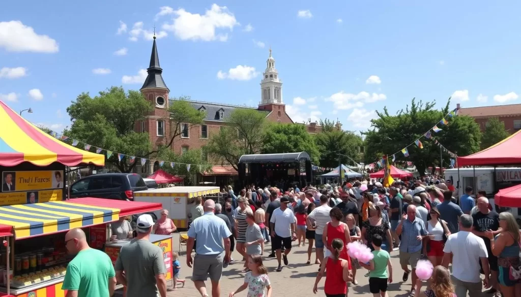 A bustling Iowa festival scene unfolds under a clear, sun-dappled sky. In the foreground, colorful food stalls and craft vendors line the streets, their vibrant displays inviting passersby. Further back, a merry crowd gathers around a live music stage, swaying to the upbeat rhythm. Children dart through the throngs, clutching balloons and cotton candy. Amidst the lively atmosphere, historic architecture and verdant trees provide a picturesque backdrop, evoking the charm and cultural richness of the Hawkeye State. Capture the energy, community, and Midwestern spirit of an authentic Iowa festival.