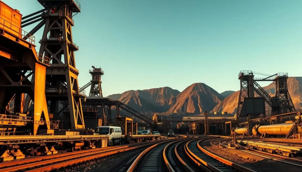 A bustling Johannesburg mining district, with towering headgear structures and slag heaps rising against a clear, azure sky. In the foreground, a network of railway tracks and industrial equipment, captured in a wide-angle, cinematic composition that emphasizes the scale and complexity of this urban landscape. Warm, afternoon sunlight illuminates the scene, casting dramatic shadows and highlights on the weathered surfaces of the mining infrastructure. The atmosphere conveys a sense of history, progress, and the endless pursuit of natural resources that has defined this region. The image should feel immersive, inviting the viewer to explore the intricate details and rhythms of this unique industrial district.