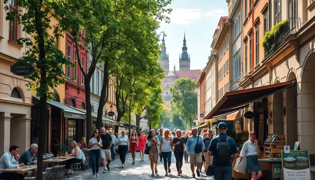 A bustling Kraków street, historic buildings lining the sidewalks, cafes spilling out onto cobblestones. Sunlight dapples through lush trees, casting a warm glow over the scene. In the middle distance, the iconic spires of Wawel Castle rise majestically. A group of locals and tourists mingle, taking in the unique atmosphere - sipping coffee, browsing artisan stalls, and admiring the city's timeless architecture. The mood is one of relaxed exploration, immersing the viewer in the essence of Kraków's enchanting ambiance.