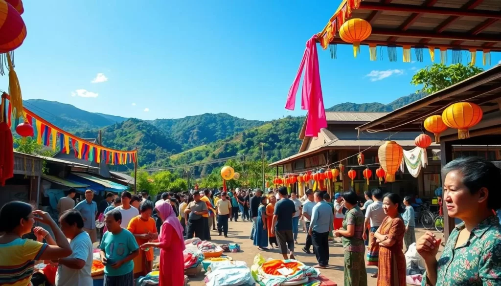 A bustling Laotian village square comes alive with vibrant preparations for an upcoming festival. In the foreground, locals arrange colorful fabrics, lanterns, and decorations, their faces illuminated by the warm glow of the sun. In the middle ground, groups of people gather, discussing plans and sharing excitement. The background is framed by lush, verdant hills and a clear, azure sky, creating a serene, picturesque setting. The overall scene exudes a sense of community, tradition, and joyful anticipation, capturing the essence of the Laotian festival experience.