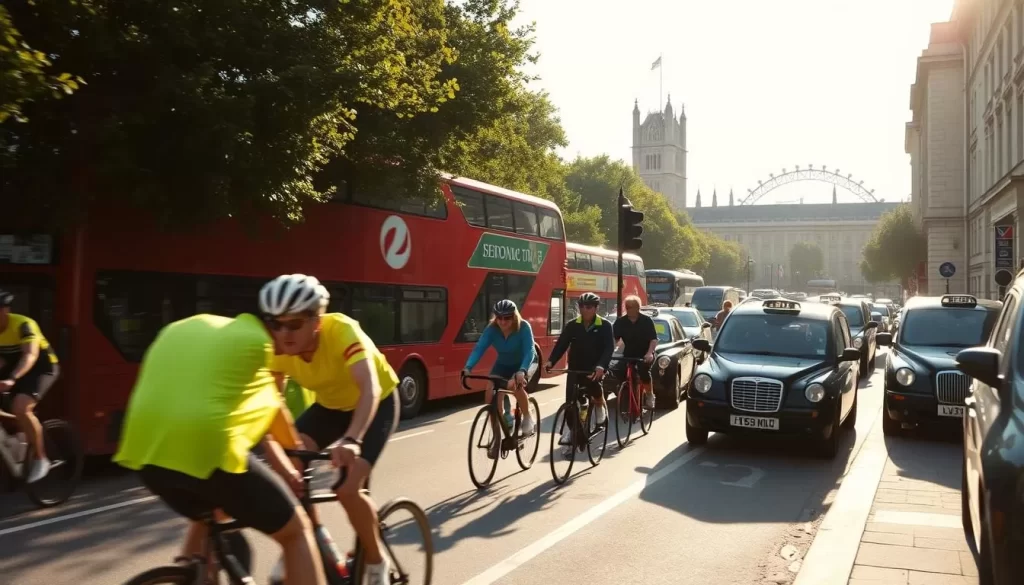 A bustling London street, cyclists weaving through the traffic, past iconic red double-decker buses and black cabs. Bright sunlight filters through the trees, casting a warm glow on the scene. In the foreground, a cyclist in a neon jersey navigates the bike lane, their bicycle's wheels a blur of motion. In the middle ground, groups of riders cruise leisurely, taking in the sights of the city. In the background, the towers of Westminster Abbey and the London Eye rise up, framing the dynamic urban landscape. The atmosphere is lively and energetic, capturing the spirit of cycling through one of the world's great cities.