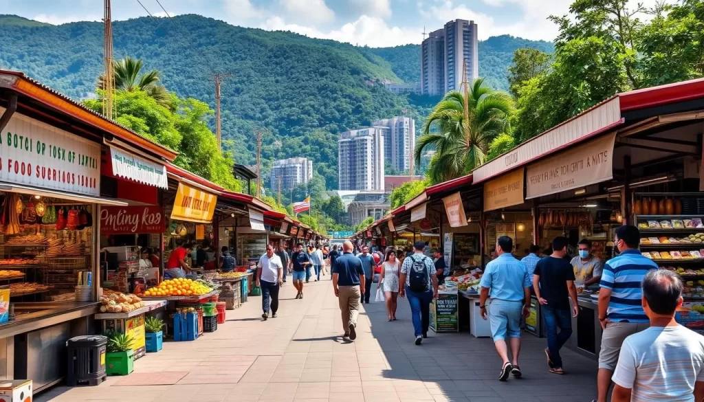 A bustling Malaysian food street in Genting Highlands, bathed in warm afternoon sunlight. Rows of colorful stalls line the paved walkway, offering a tantalizing array of local delicacies - from smoky satay skewers and steaming noodle soups to flavorful curries and crispy roti canai. The air is rich with the aroma of spices and sizzling woks. People stroll leisurely, admiring the vibrant displays of tropical fruits and freshly prepared dishes. In the background, lush green hills and towering buildings create a picturesque setting, inviting visitors to immerse themselves in the lively culinary culture of this highland resort town.