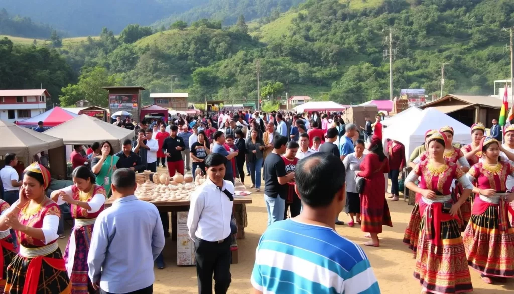 A bustling Mizo cultural festival unfolds against a backdrop of lush, verdant hills. In the foreground, vibrant dancers in traditional Mizo attire perform intricate steps, their colorful costumes and ornaments shimmering in the warm, natural lighting. In the middle ground, artisans showcase an array of handcrafted Mizo textiles, pottery, and woodcarvings, inviting visitors to immerse themselves in the rich cultural heritage. The festival's energy is palpable, with onlookers mingling and enjoying the lively atmosphere. A sense of community and celebration permeates the scene, capturing the essence of Mizoram's enduring cultural traditions.