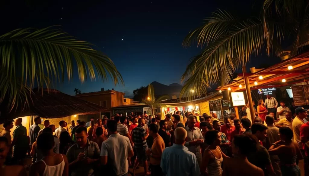 A bustling Moshi nightlife scene, captured with a wide-angle lens under the glow of warm ambient lighting. In the foreground, a lively open-air bar with locals and tourists mingling, drinks in hand. Swaying palm trees frame the energetic crowd. In the middle ground, traditional Tanzanian music and laughter spill out from a nearby live music venue. Farther back, the silhouettes of Mount Kilimanjaro and Mawenzi Peak loom majestically against a star-filled night sky. An inviting, vibrant atmosphere that captures the heart and soul of Moshi's nighttime entertainment.