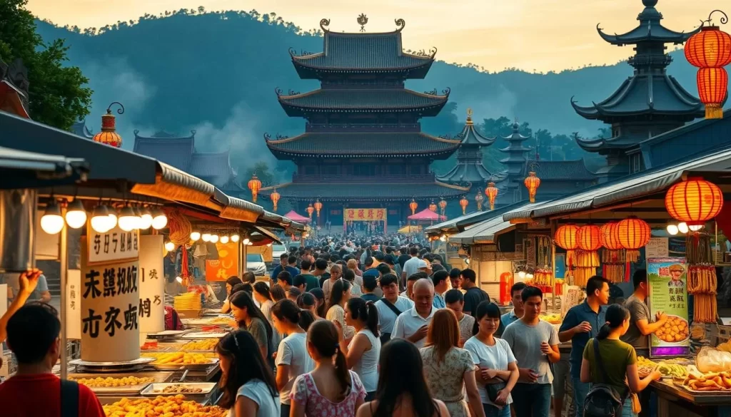 A bustling Nantou festival scene, awash in warm evening light. In the foreground, a diverse array of traditional Taiwanese street food stalls, their sizzling woks and steaming dishes casting a tantalizing aroma. Vibrant colors and textures of oyster omelets, sweet potato balls, and grilled squid skewers. The middle ground features lively crowds weaving between the vendors, laughter and chatter filling the air. In the background, a backdrop of ornate temples and lantern-adorned structures, conveying the cultural essence of the event. Capture the convivial atmosphere, the fusion of flavors, and the celebratory spirit of Nantou's culinary delights.