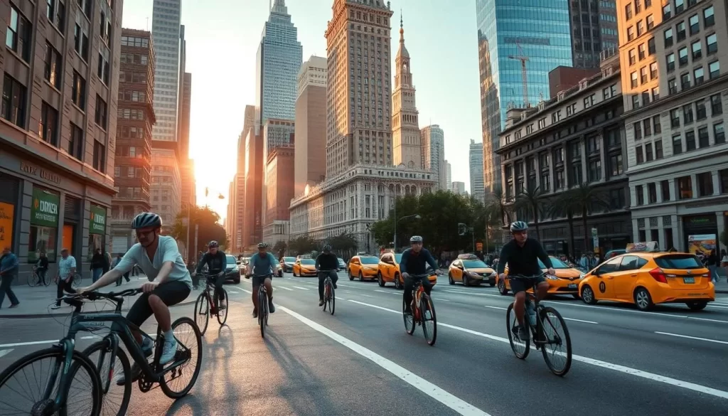 A bustling New York City street, the foreground filled with cyclists navigating a dedicated bike lane, their wheels gliding smoothly along the asphalt. In the middle ground, towering skyscrapers and iconic architecture stand tall, casting long shadows in the warm, golden light of a beautiful day. The background showcases the city's vibrant energy, with pedestrians strolling along the sidewalks and yellow taxis weaving through the traffic. The scene captures the dynamic harmony of urban mobility, where bikes, cars, and people coexist in a well-designed, efficient transportation network.