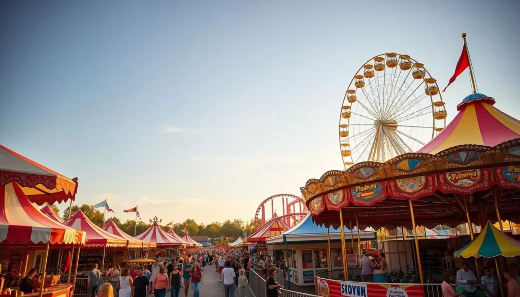 A bustling North Carolina festival with thrilling rides and attractions for kids. The fairgrounds are alive with the sound of laughter and the whirring of spinning carousels. In the foreground, a rollercoaster weaves through the scene, its cars filled with delighted children. Surrounding them, colorful tents and stalls offer games, treats, and souvenirs. Warm, golden light bathes the entire setting, creating a sense of joy and festivities. In the background, a ferris wheel reaches towards the cloudless sky, its gondolas gently swaying. The overall atmosphere is one of excitement and family-friendly merriment, perfectly capturing the essence of a North Carolina festival.