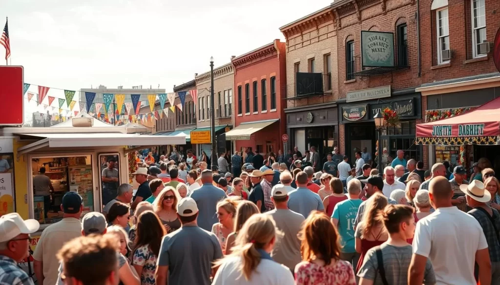 A bustling North Dakota festival scene on a sunny day. In the foreground, a colorful crowd gathers around a lively food truck, the aromas of local cuisine wafting through the air. In the middle ground, a stage comes alive with live music, people swaying and tapping their feet to the rhythm. In the background, a historic small-town main street provides a charming backdrop, adorned with vibrant banners and decorations celebrating the occasion. The lighting is warm and golden, casting a festive glow over the entire scene. A wide-angle lens captures the energy and excitement of this quintessential North Dakotan festival experience.