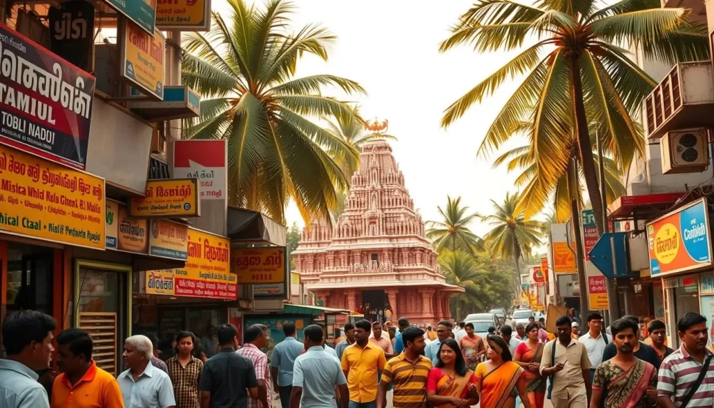 A bustling Tamil Nadu street scene, showcasing the region's linguistic diversity. In the foreground, vibrant storefronts display signage in Tamil, English, and other regional scripts, reflecting the multilingual nature of the local community. Pedestrians of diverse backgrounds converse animatedly, their voices echoing the harmonious coexistence of various languages. The middle ground features a traditional temple, its intricate architecture and vibrant colors contrasting with the modern storefronts. In the background, towering palm trees sway gently, setting a serene tone against the lively urban landscape. Warm, diffused lighting casts a golden glow, creating a welcoming atmosphere. Captured through a wide-angle lens, the scene conveys the linguistic tapestry that defines the cultural richness of Tamil Nadu.
