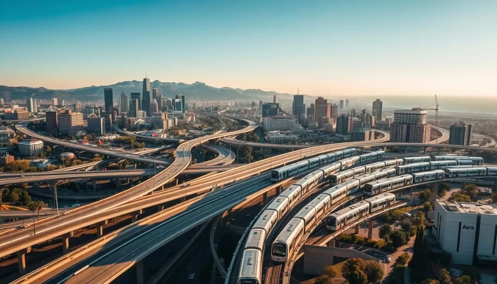A bustling aerial view of the diverse transportation infrastructure of Los Angeles, California. In the foreground, a network of elevated highways and flyovers weave through the city's iconic skyscrapers and landmarks. In the middle ground, a fleet of modern light rail trains glide along sleek, elevated tracks, connecting key hubs and neighborhoods. In the background, the iconic Hollywood Hills and the Pacific Ocean horizon provide a stunning natural backdrop. The scene is bathed in warm, golden sunlight, capturing the vibrant energy and dynamism of the city's comprehensive multi-modal transit system.