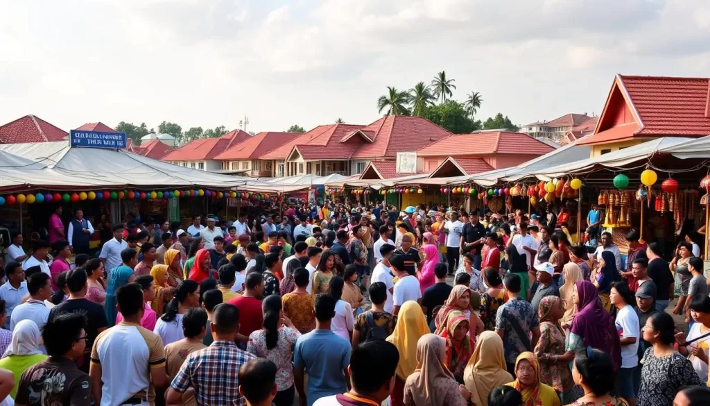 A bustling and vibrant cultural festival in Kuala Terengganu, Malaysia. In the foreground, a lively crowd gathers around performers dressed in colorful traditional costumes, dancing to the rhythmic beats of local music. In the middle ground, numerous stalls offer an array of unique handicrafts, regional delicacies, and fragrant spices, creating a sensory feast. In the background, the iconic architecture of the area, including the distinctive roofs of traditional Malay houses, frames the scene, bathed in warm, golden sunlight. The atmosphere is one of celebration, community, and a deep appreciation for the rich cultural heritage of Terengganu.