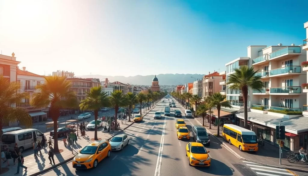 A bustling city center in Antalya, Turkey, with a vibrant mix of modern and historic architecture. Capture the dynamic flow of pedestrians, taxis, and public transport vehicles against a backdrop of sun-drenched plazas and charming cafes. Showcase the city's unique blend of Mediterranean influences, with lush palm trees lining the streets and the iconic Taurus Mountains visible in the distance. Employ a wide-angle lens to encompass the energy and scale of the scene, bathed in warm, golden light that accentuates the intricate details of the built environment. Convey a sense of exploration and discovery, inviting the viewer to immerse themselves in the captivating charm of Antalya's city center.