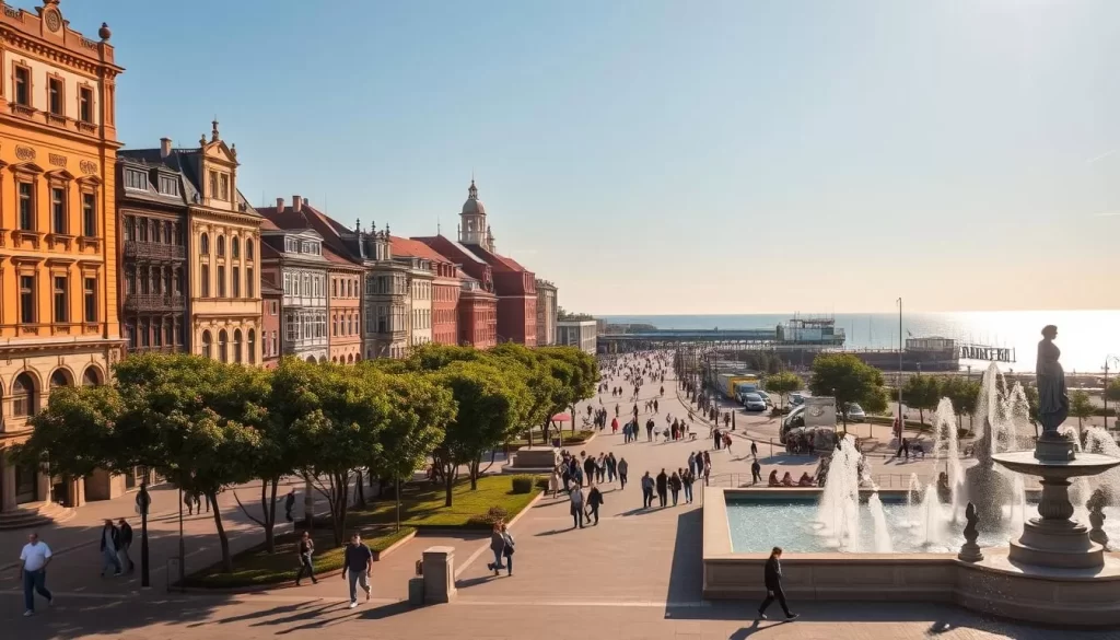 A bustling city center in Gdynia, Poland, on a sunny day. Capture the vibrant atmosphere with a wide-angle lens, showcasing the striking architecture of the historic buildings lining the main square. Pedestrians stroll along the tree-lined promenade, pausing to admire the charming fountains and sculptures. In the background, the iconic Gdynia Pier extends into the shimmering Baltic Sea, its distinctive white towers punctuating the skyline. Warm, golden lighting bathes the scene, creating a welcoming and lively ambiance. Convey the essence of Gdynia's compact, pedestrian-friendly city center, where modern amenities and cultural attractions coexist in harmony.