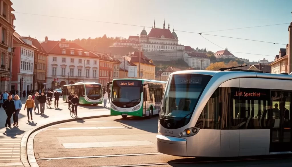 A bustling city center in Linz, Austria, filled with an array of public transportation options. In the foreground, a modern tram glides along the streets, its sleek silver exterior gleaming in the sunlight. Pedestrians stroll along the sidewalks, while cyclists weave effortlessly through the traffic. In the middle ground, a bus pulls up to a stop, its passengers boarding with ease. In the background, the city's historic architecture provides a charming backdrop, with the iconic Linzer Schloss (Linz Castle) visible in the distance. The scene is bathed in a warm, golden light, creating a welcoming and vibrant atmosphere for visitors exploring the city.